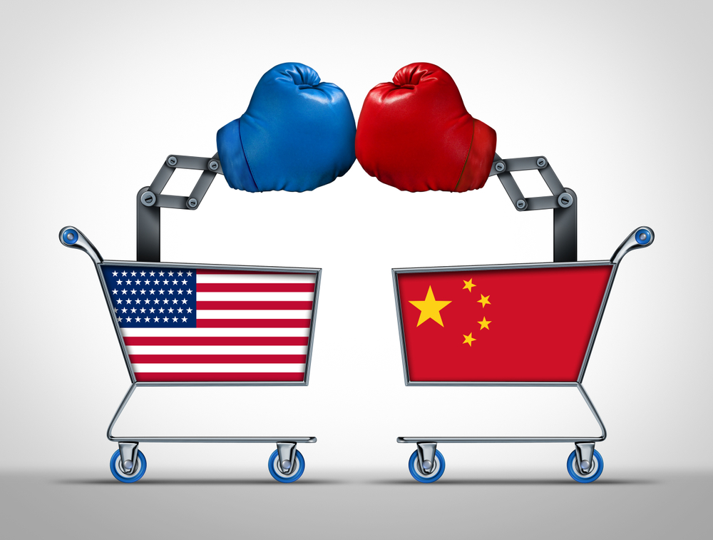 US and China shopping carts with boxing gloves