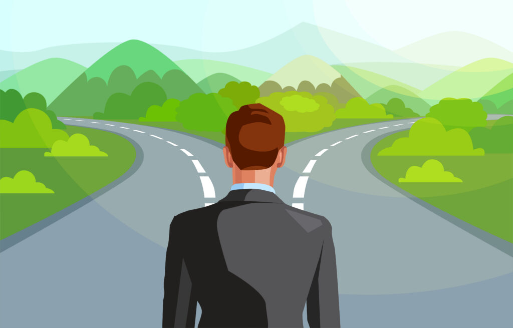 A man at a fork in the road needs to select the right financial plan to get to his retirement destination
