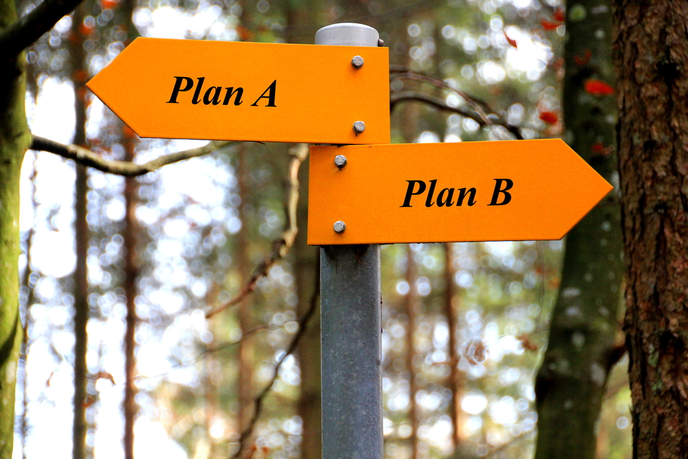 Plan A, Plan B Sign post on hiking trail for financial planning