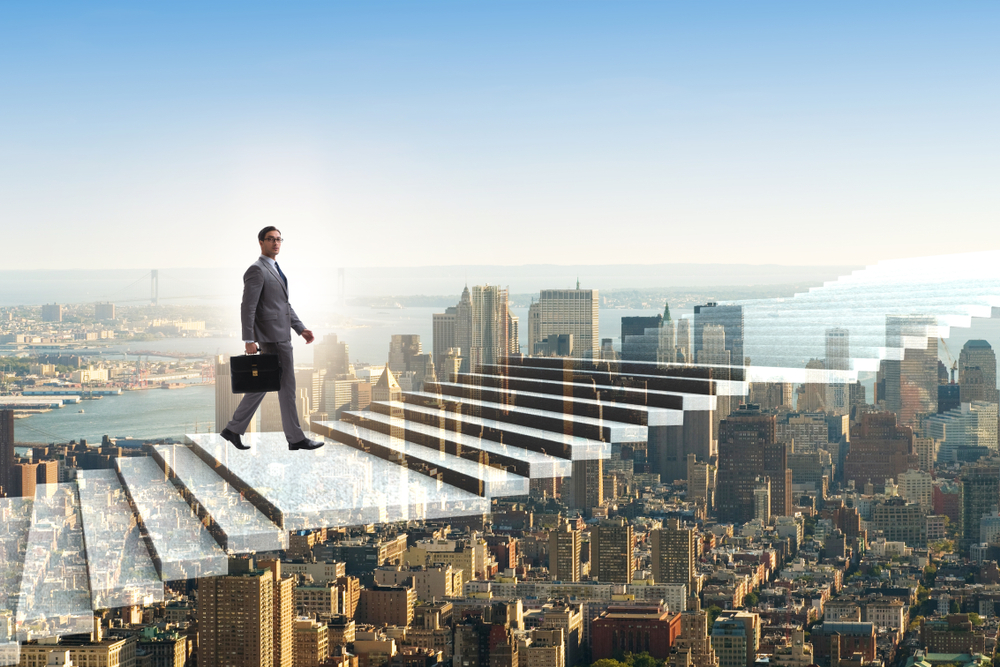a successful business man maxed his retirement contribution while walking up a flight of stairs in the sky.