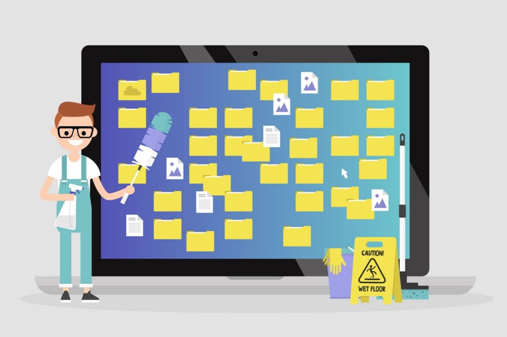 a cartoon man dusting and cleaning out a super sized computer