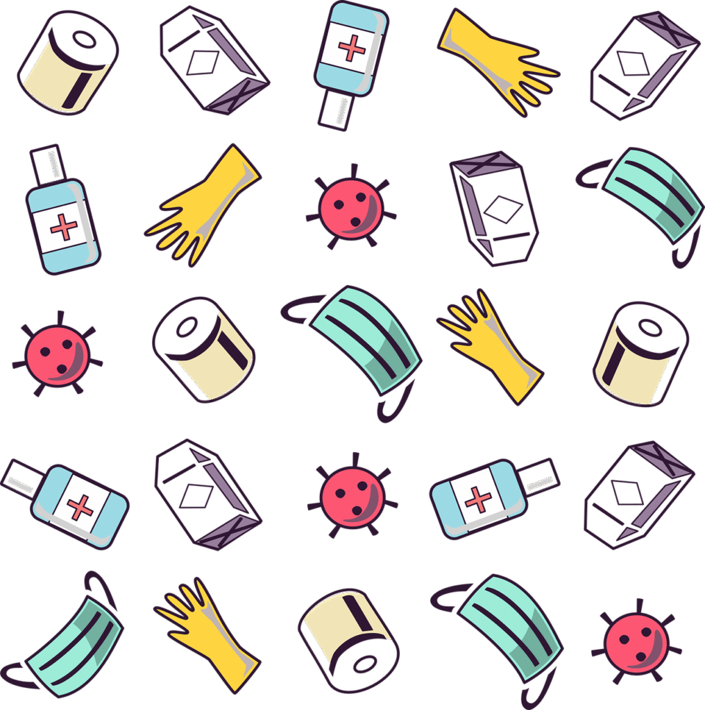 cartoon of masks and handsanitizer to show how to operate in a Covid 19 summer